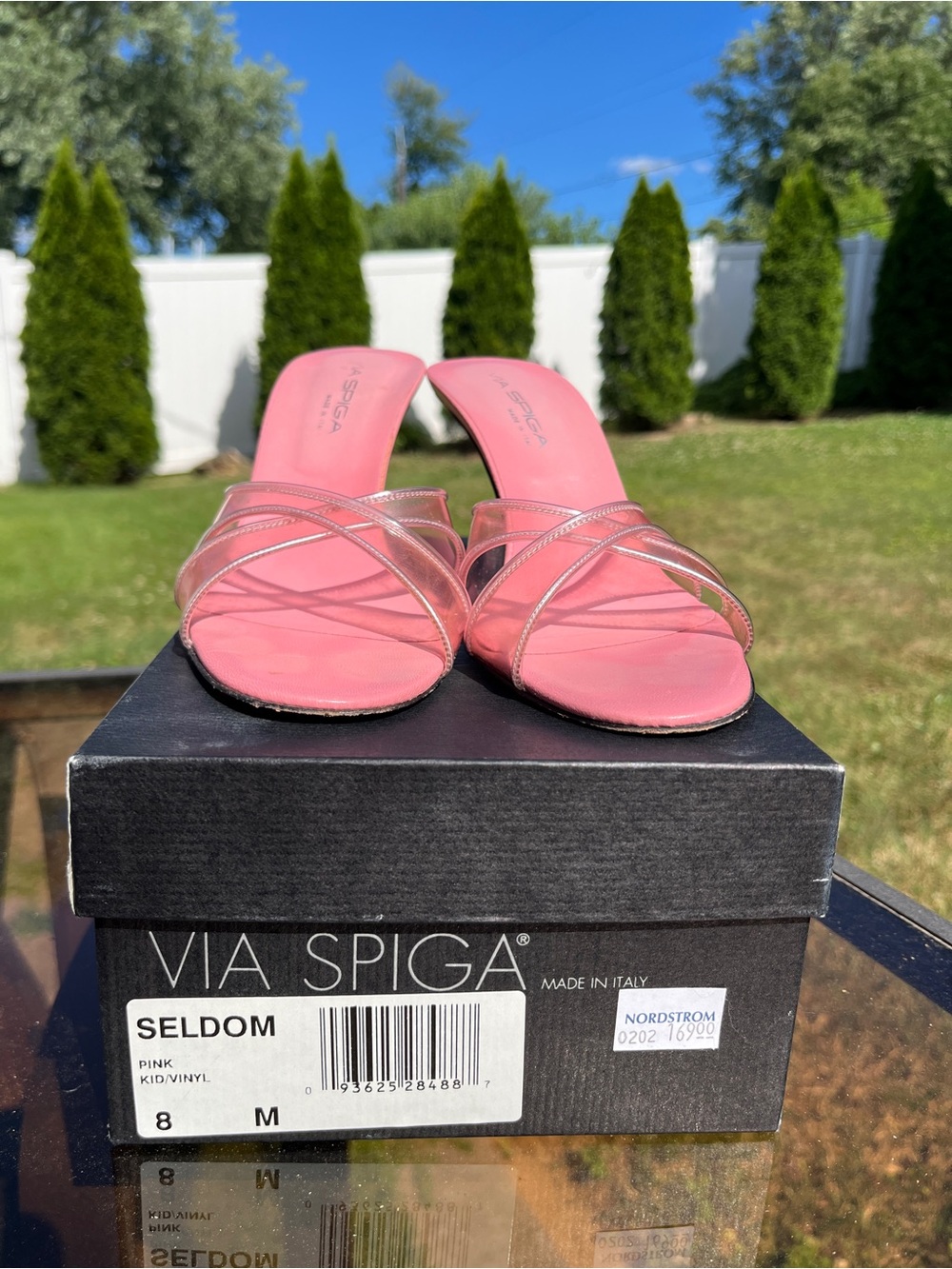 Via Spiga Pink Clear-Trim Slide Mules. Kitten heel!! Adorable!!